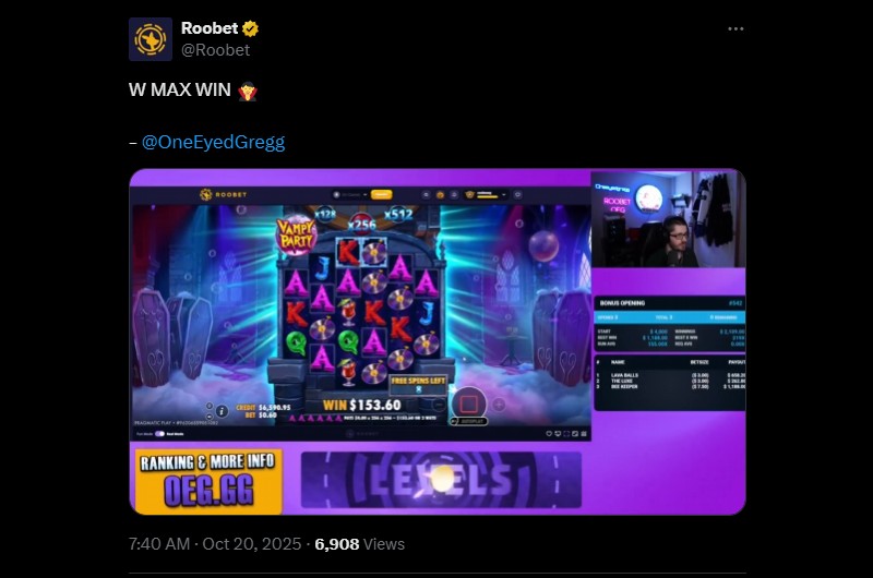 Twitter OneEyedGregg 3K Vampy Party Max Win